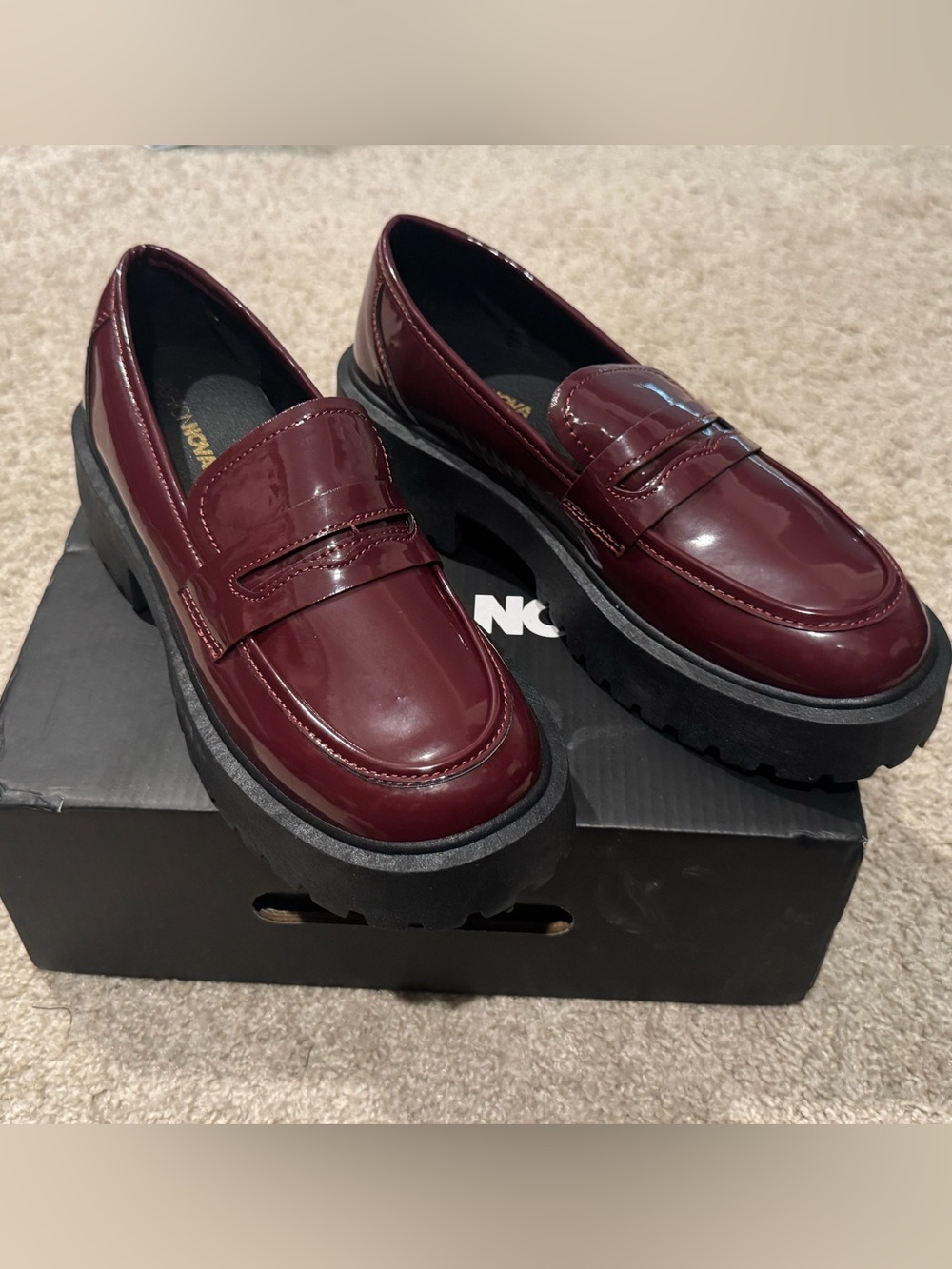 Fashion Nova Burgundy Patent Platform Penny Loafers